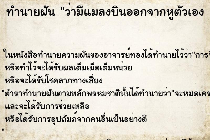 ทำนายฝันทำนายฝันว่ามีแมลงบินออกจากหูตัวเองคนเป็นผู้หญิง